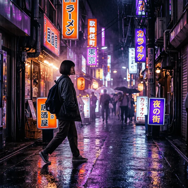 Happy Horse AI video generator interface showing a cinematic AI-generated video of a woman walking through neon-lit Tokyo streets at night — powered by the HappyHorse open-source model